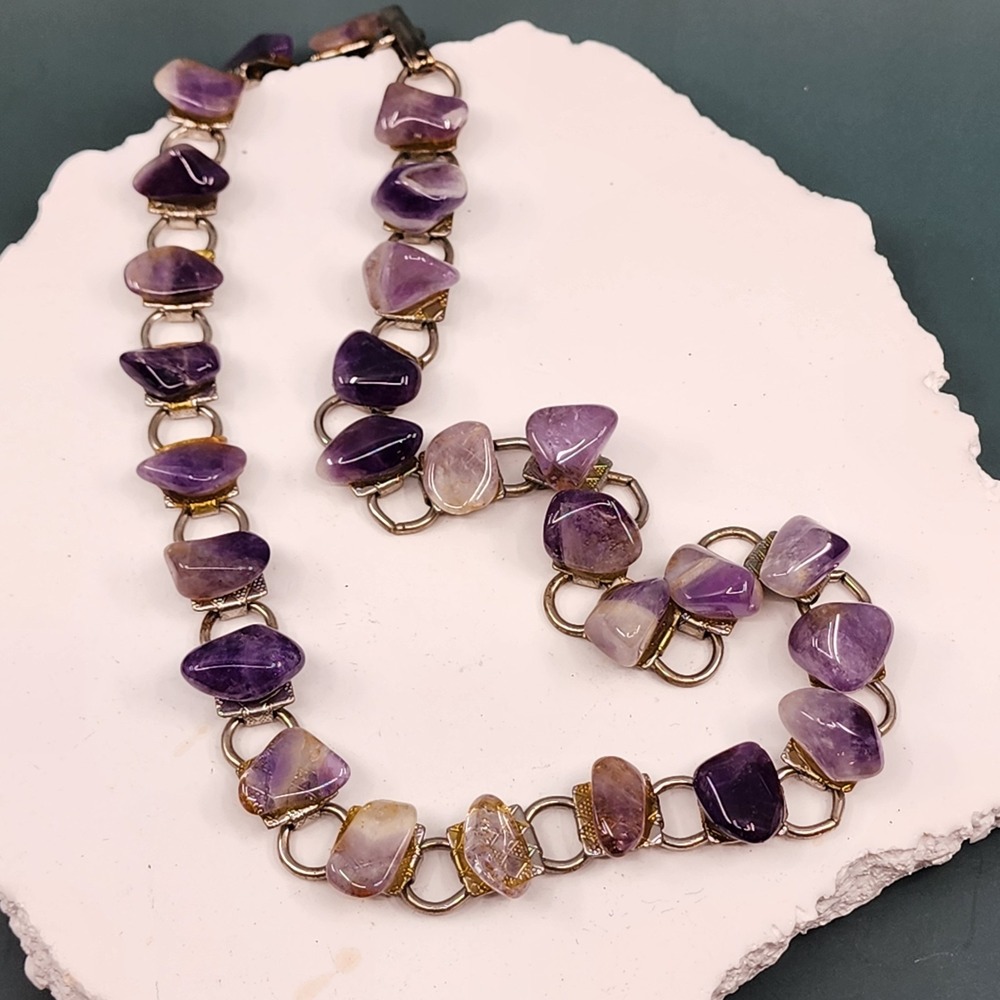 Amethyst Tumbled Stone Link Necklace Purple Silver Tone Boho Statement Classic